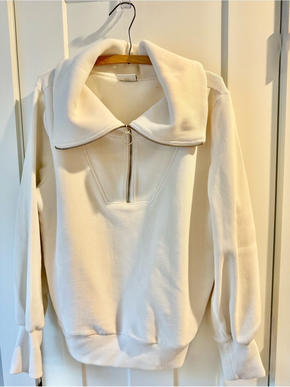 Varley Cream Zip-Front Funnel Neck Sweater